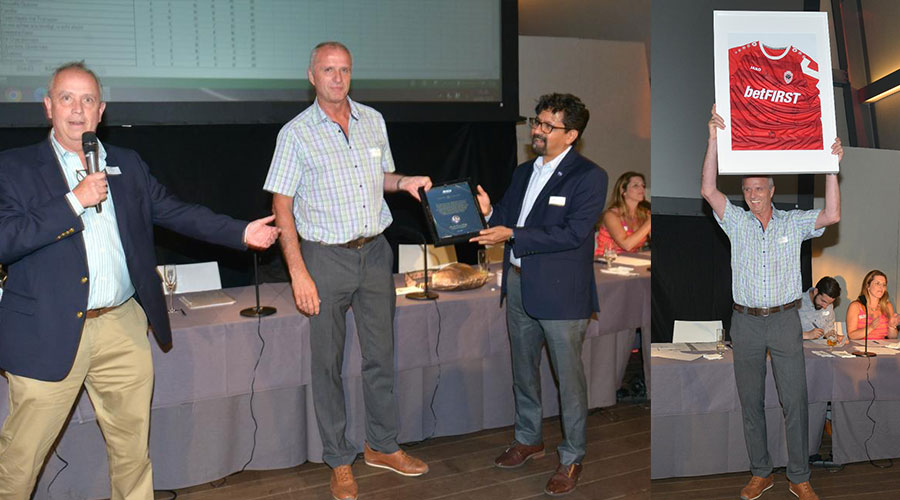 Marc Stoffelen, Global Head – KAM Team, ECU Worldwide, receives a surprise Lifetime Achievement Award and a signed jersey from the Royal Antwerp Football Club